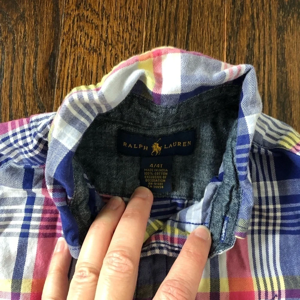 Ralph Lauren Boys 4/4T Blue/Pink/Yellow/White Plaid Cotton Button-Down Shirt